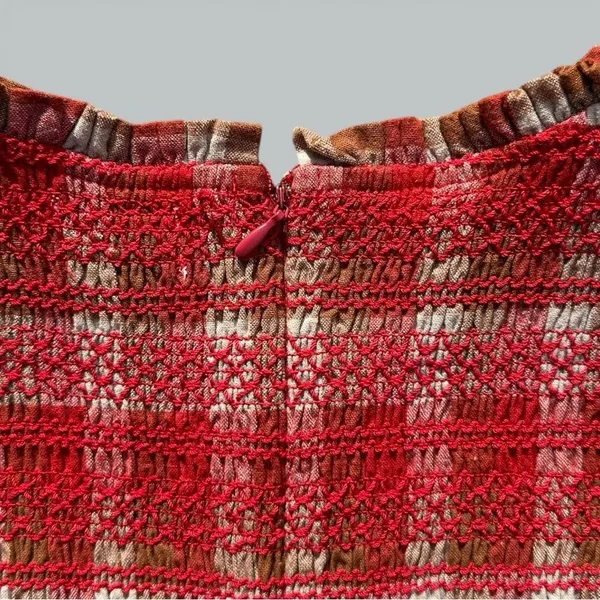 AUREUM Smocked Checkered Mini Dress Red Brown Plaid Cottagecore Prairie Size S - Image 6