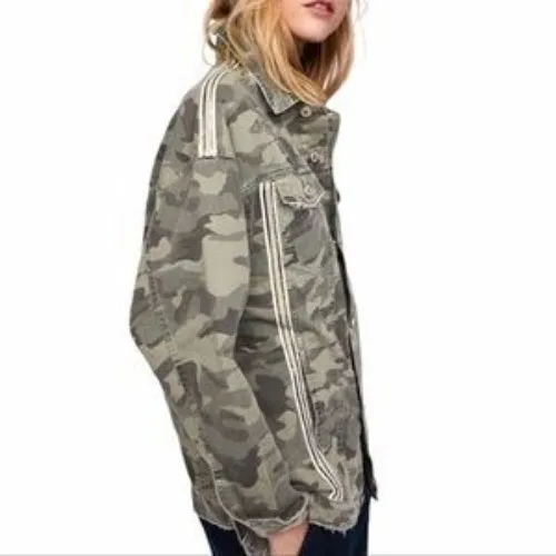 Zara Jacket Women Small‎ Green Camo Cotton Sequin Stripe Coat Streetwear Outdoor - Image 2