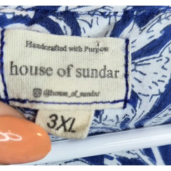 House of Sundar Maya Midi Dress 3XL Blue Iris Block Print Cotton Cottagecore - Image 6