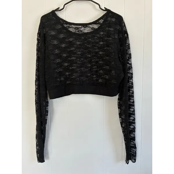 Black Floral Lace Crop Top Sheer Long Sleeve Gothic Romance Aesthetic - Size XXL - Image 6