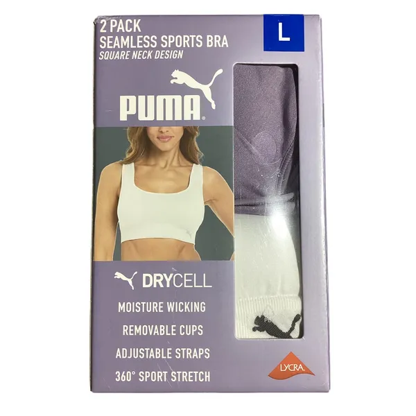 PUMA Womans 2 Pack Seamless Sports Bra L White and Violet - Image 2