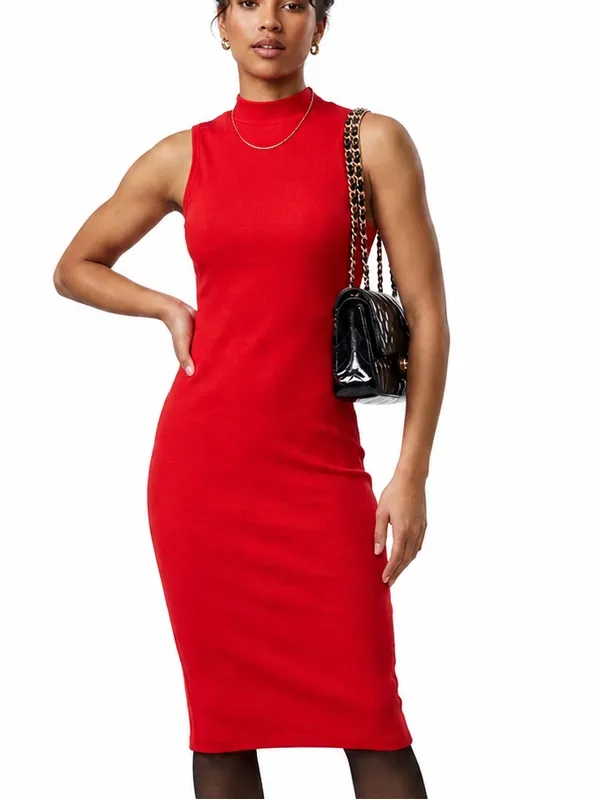 Red Ribbed Bodycon Mini Dress XS Sleeveless Mock Neck Stretch Fitted Chic - Image 10