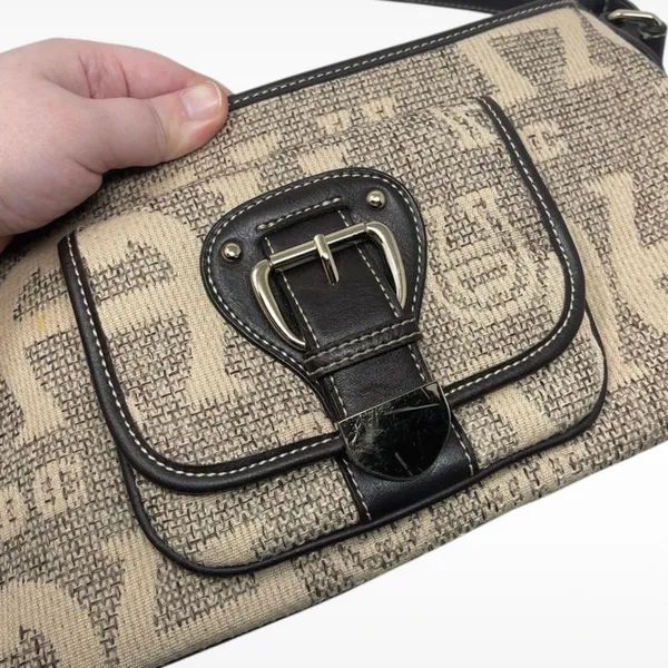 Etienne Aigner All Over Logo Print Shoulder Bag Purse Tan, Brown & Gold Hardware - Image 2