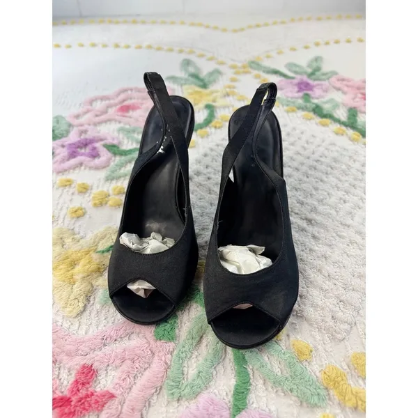 Spiegel Black Satin Peep Toe‎ Slingback Stiletto Heels Leather Sole 7.5B F8065 - Image 2