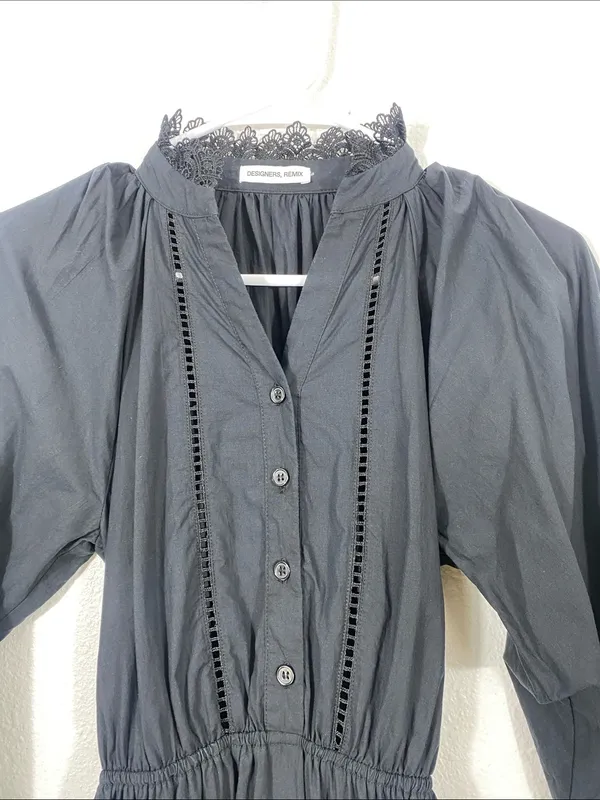 Girls' Black Long-Sleeve Lace-Trim Smocked Waist Dress Size12 100%Organic cotton - Image 4