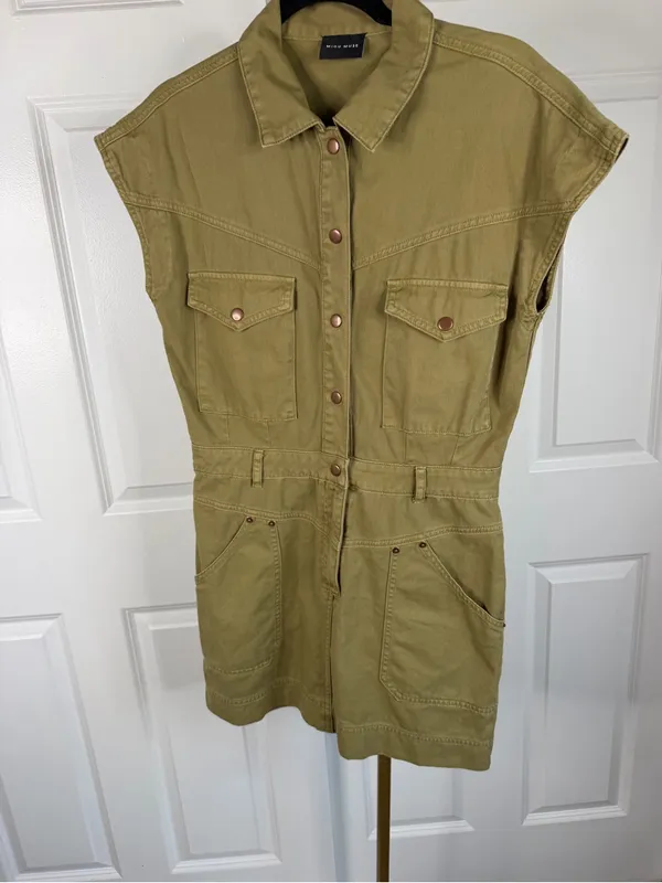 Miou Muse Sz M Olive Utility Romper Cotton Military Safari Short Sleeve - Image 3