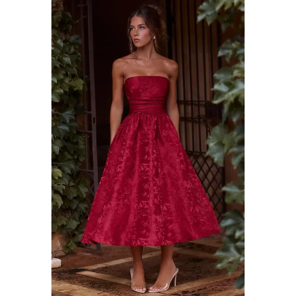 NWT Babyboo Saoirse Red Floral Jacquard Strapless Fit & Flare Midi Dress Size S - Image 8
