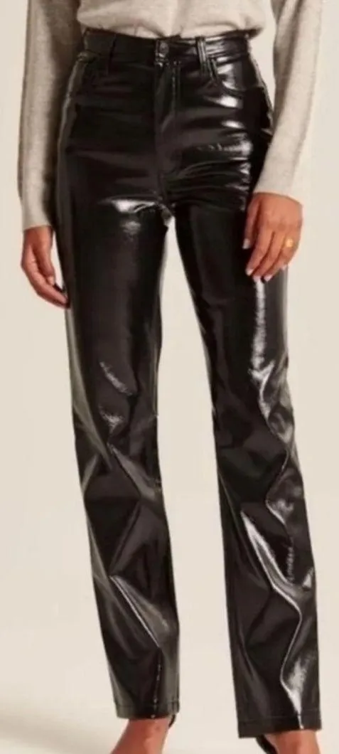 EUC Abercrombie & Fitch Faux Leather 90s Straight Ultra High Rise Pants Black 16 - Image 2