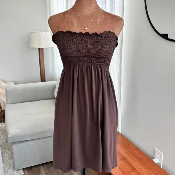 Vintage Swim n Sport Dress Medium Brown Strapless Smocked Y2K Resort Beach Cover - Image 2