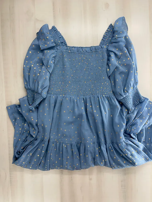 JESSAKAE smocked star gold printed dress 1XL blue event vacation casual - Image 7