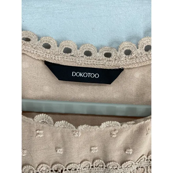 Dokotoo Womens Blouse Tan Swiss Dot Crochet Lace Trim Button Back Large - Image 5