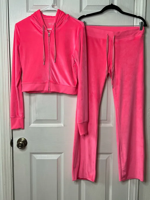 Aerie Velour Tracksuit Set Pink Y2K Lounge Pants Hoodie Coquette Barbiecore S - Image 2