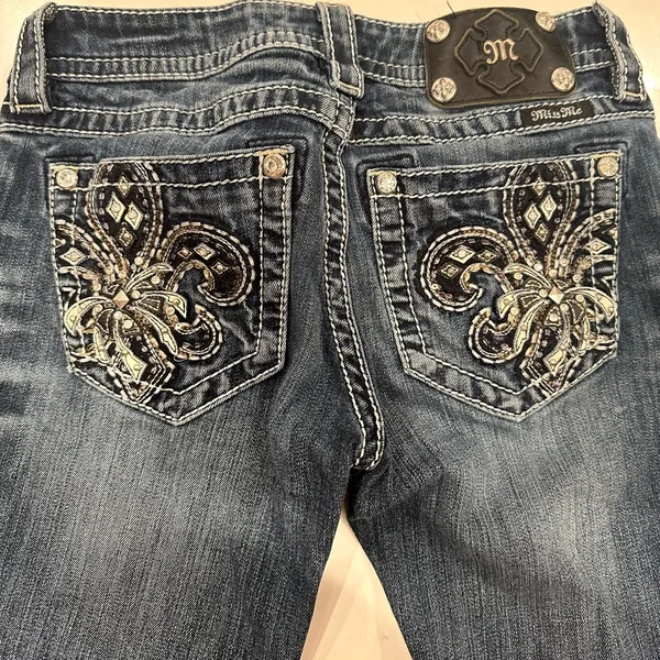 Miss Me Signature Rise Skinny Jeans Golden Firework Fleur de Lis Bling Size 26 - Image 6