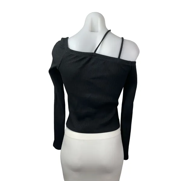 Oak + Fort Women's Black Ribbed Off Shoulder Long Sleeve Crop Tee T-Shirt Top XS - Image 4