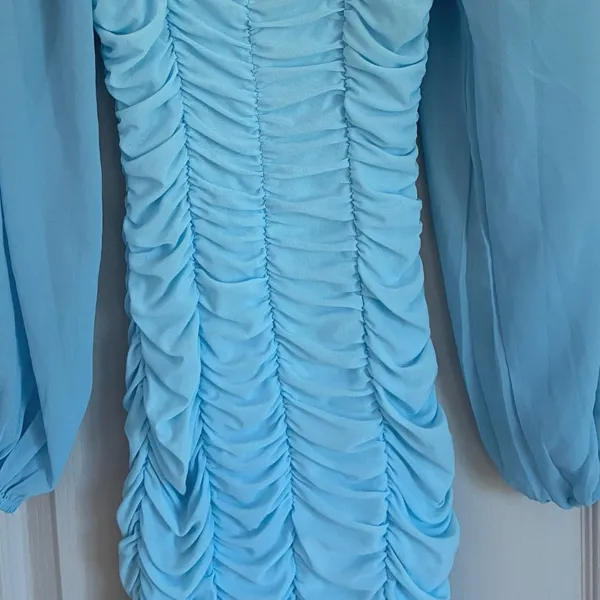 Hello Molly‎ Light Blue Ruched Mini Dress Square Neck Bishop Sleeve Size US 2 XS - Image 10