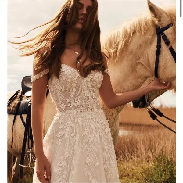 Lilian West Bohemian Off-The-Shoulder A-Line Wedding Gown with Lace Size 14 - Image 3