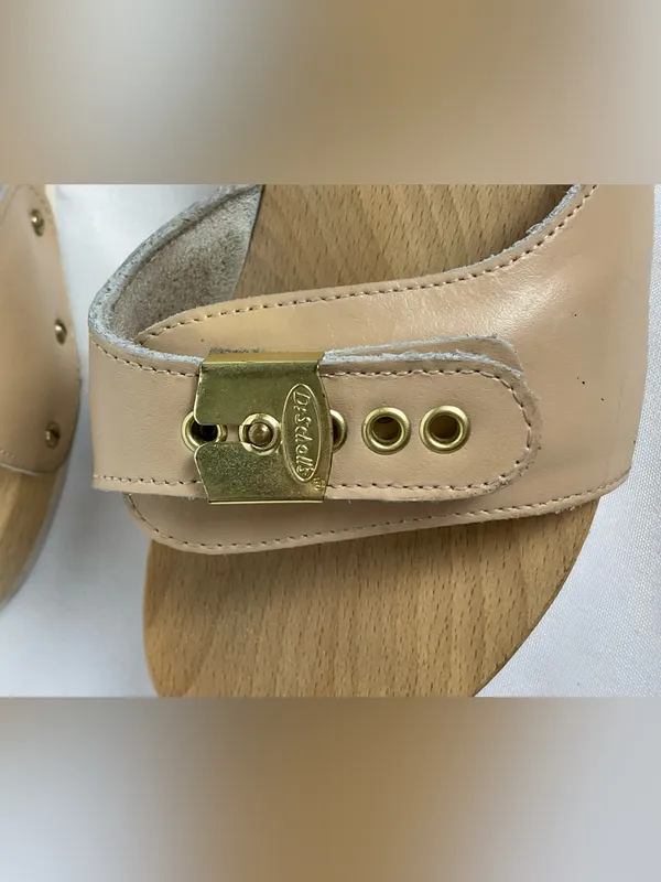 Vintage Dr. Scholl's Pescura Wood Sandals Tan Leather Italy Size 7 Original - Image 4