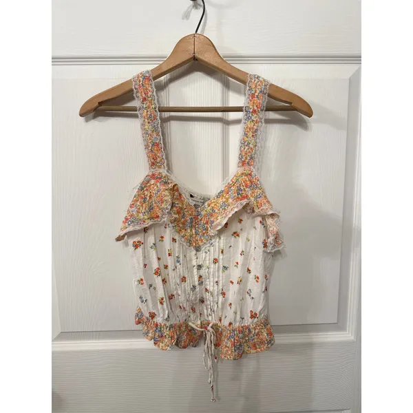 American Eagle Women's Cream Floral V-neck Cinch Cami, M - Image 4