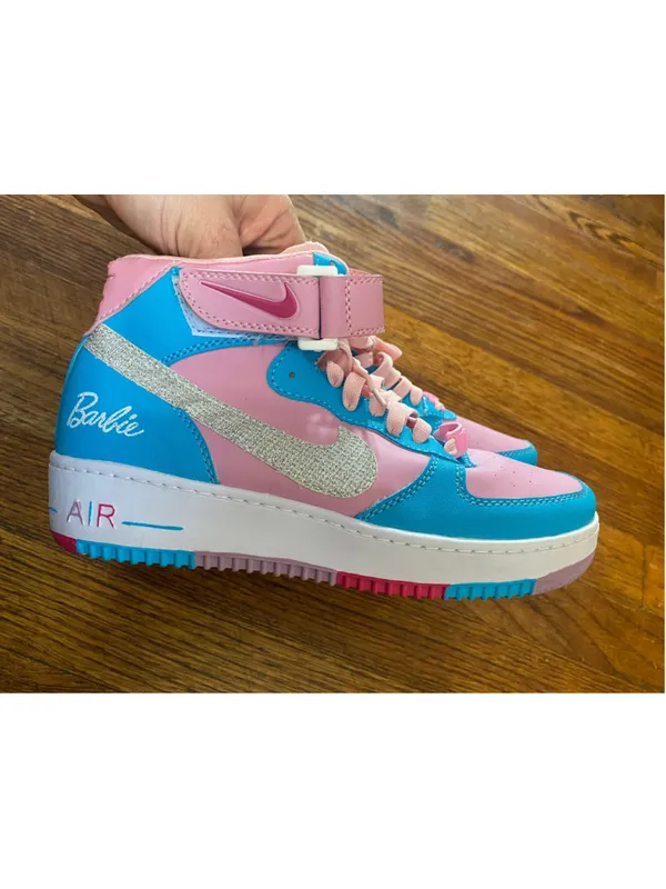 Custom Hand Painted Nike Air Force 1 High Barbie Pink Blue Glitter Sneakers OOAK - Image 2