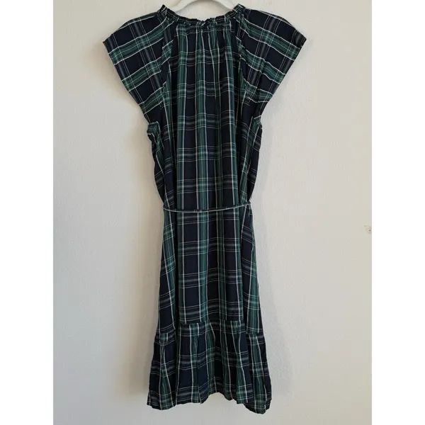 Loft Dress Women's 12 Blue Green Plaid‎ Shift Belted Short Sleeve Pleated Lined - Image 5