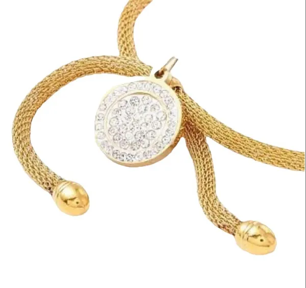 TJ Maxx Crystal Rhinestone Flat Round Charm Slider Bracelet with Round Mesh Chain for Women, Golden - Image 4