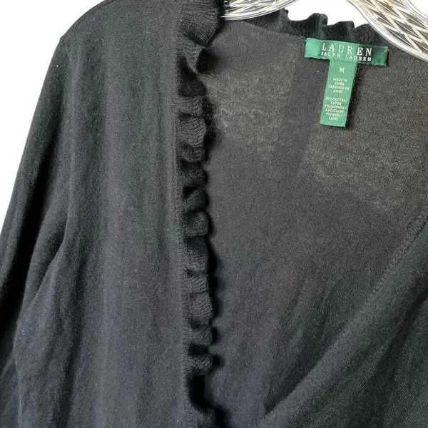 Lauren LRL Black Ruffle V-Neck Cardigan Cashmere Wool Blend Med #763 - Image 2