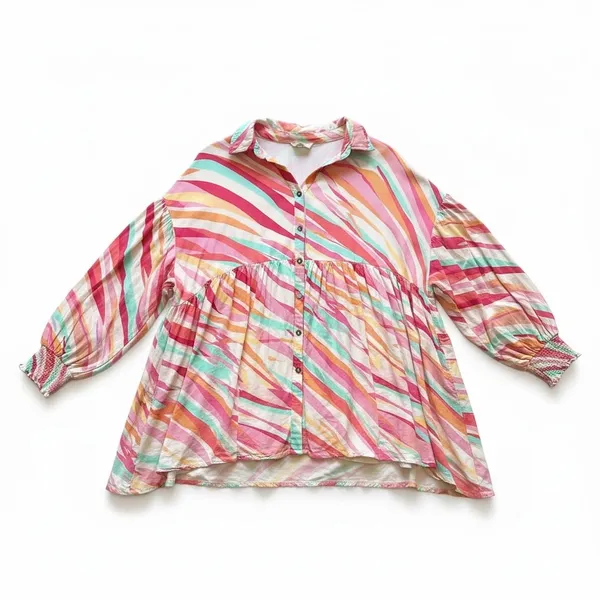 Entro Womens Large Abstract Stripe Babydoll Mini Dress Button Front Tunic D22584 - Image 2