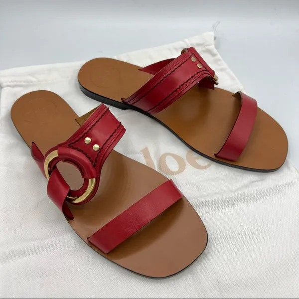 CHLOE Demi Leather Slide Flat Sandals Size EU 39.5 US 9.5 Red Tan Gold hardware - Image 3