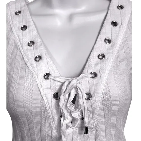 FREE PEOPLE Ivory Ribbed Lace Up Grommet V-Neck 3/4‎ Sleeve Top Size XS - Image 3