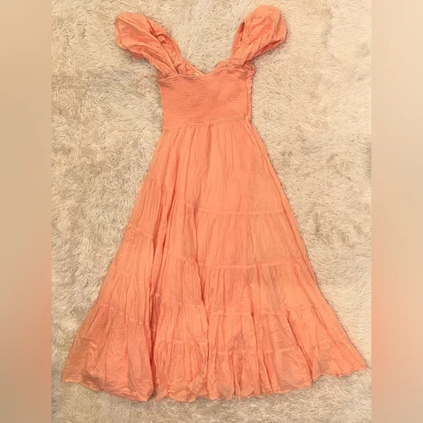 NWOT FREE PEOPLE Sundrenched Smocked Puff Sleeve Maxi Dress color orange sz S - Image 8