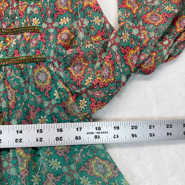 Anthropologie Tanvi Kedia Dress Bohemian Tassel Tie Rayon Green Floral Print S‎ - Image 2
