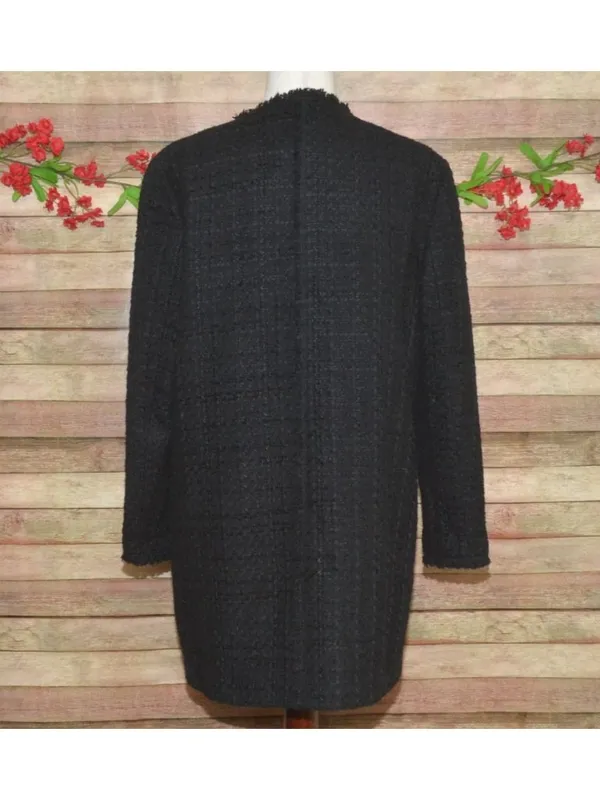 Zara Woman Black Tweed Boucle Long Jacket Coat Size L Gold Statement Buttons - Image 9
