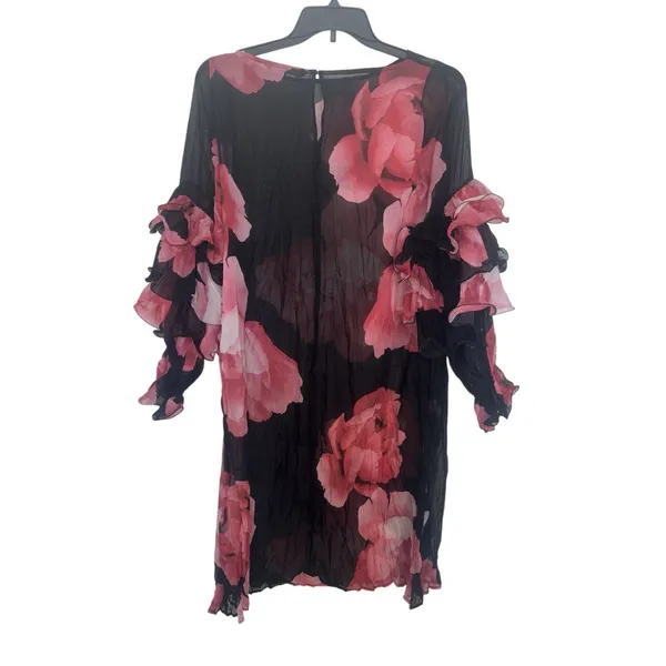 TOV Los Angeles Red Black Floral Ruffle Sleeve Sheer Crinkle Midi Dress 44 XL - Image 2