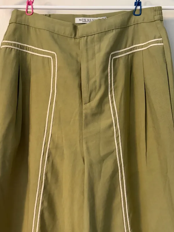 Mon Renn scenic pant olive size small wide leg pleated quiet luxury resort - Image 3
