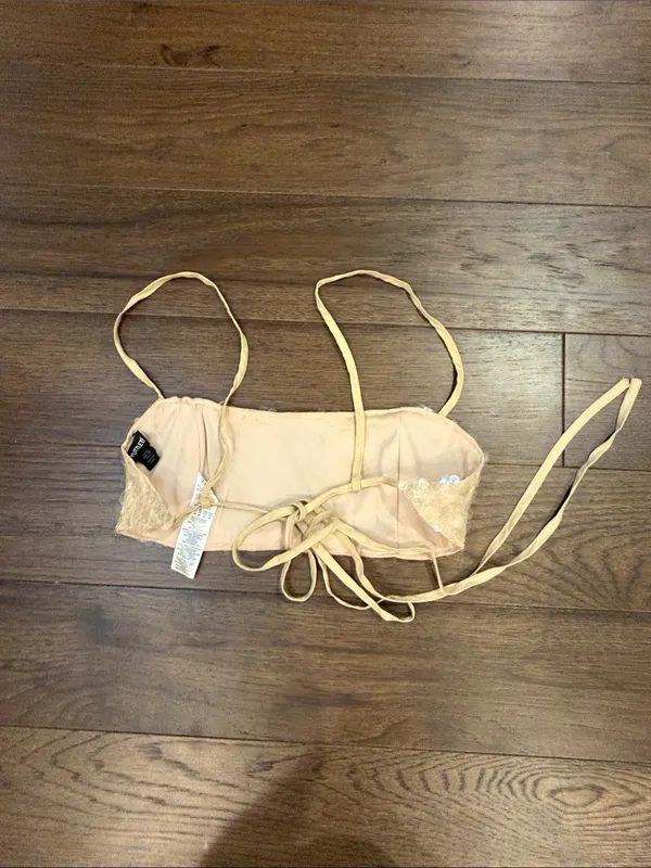 PrettyLittleThing Light Nude Lace Up Sequin Bandeau Top Size 6 - C27-078 - Image 6
