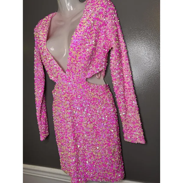 Petal + Pup Dress Womens Medium Pink Sequin Cutout V Neck Bodycon Mini Party - Image 4