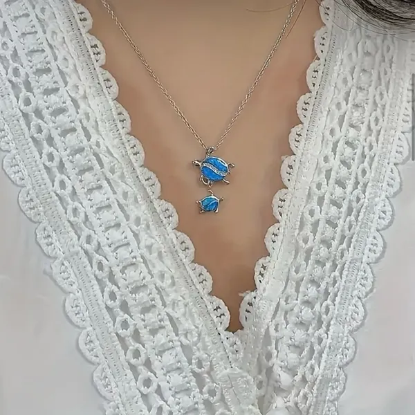 Silver Plated Tear Drop Opal Turtle Parent Child Pendant,‎ Minimalist Necklace - Image 3