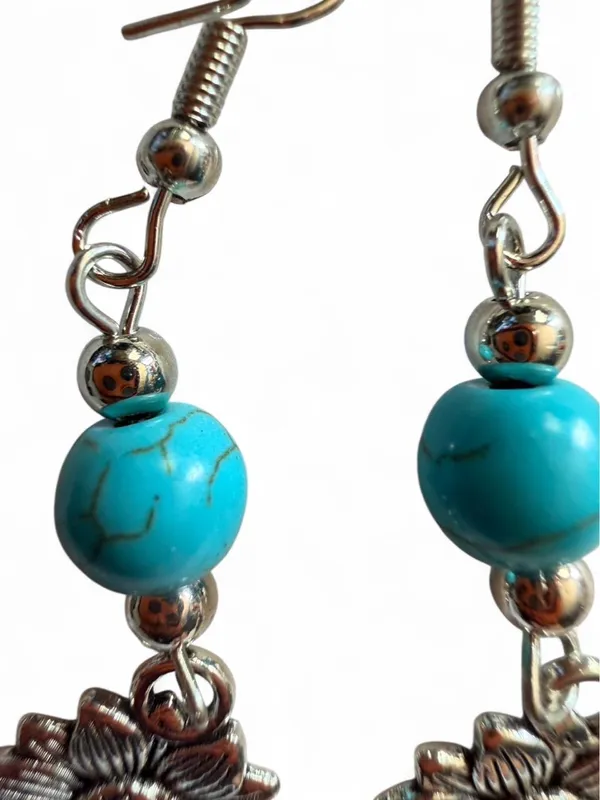 Handmade Turquoise & Silver Sunflower Dangle Earrings - Image 4