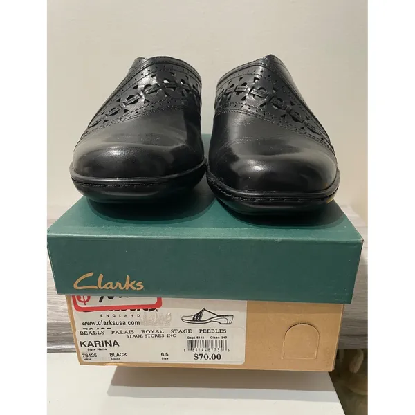 Clarks Karina Black Leather Mules Laser Cut Slip On Clogs Womens‎ 6.5 NEW - Image 2
