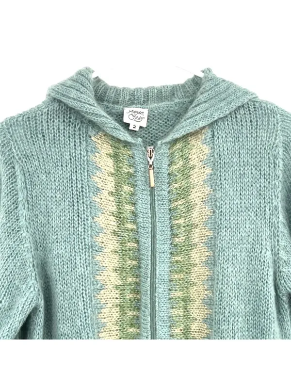 Margaret OLeary Cardigan Sweater Kid Mohair Blend Zip Front Blue Green Size 2 - Image 3