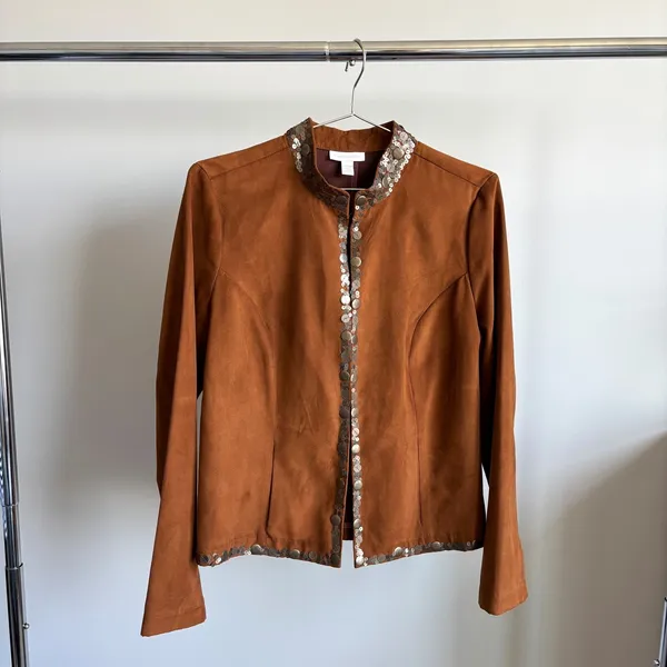 Vintage Charter Club Faux Suede Jacket M Sequin Collar Boho Revival Funky Chic - Image 4