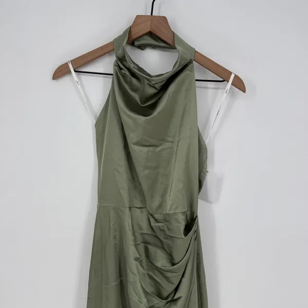Lovely Noor Cowl Halter Open-Back Satin Maxi Dres‎ In Sage Size XS - Image 5