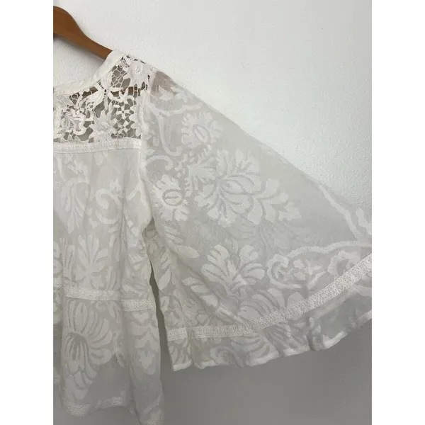 Champagne & Strawberry Floral Blouse Boho Sheer Flowy Lace Top Bell Sleeves L - Image 5