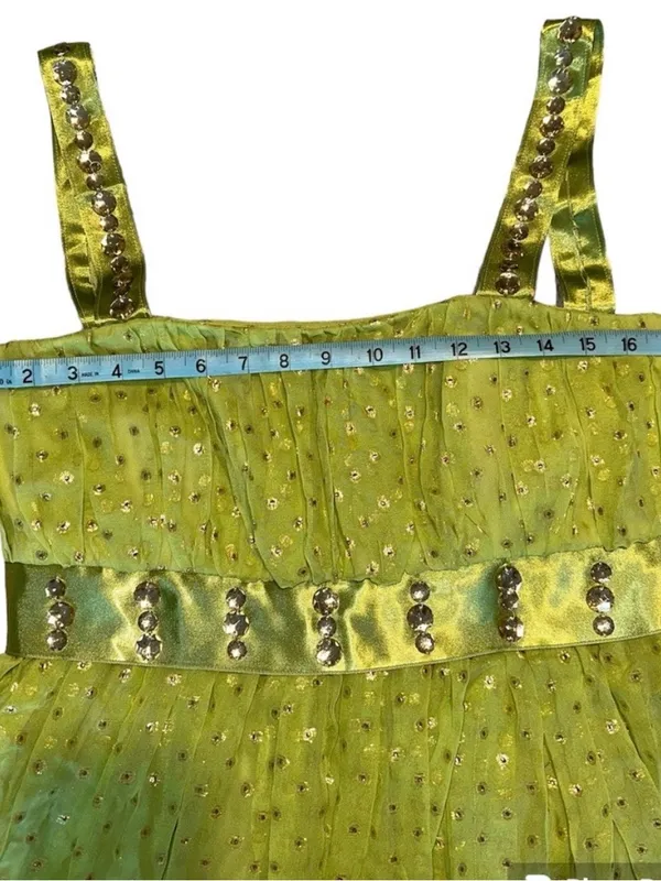 VTG Y2K Green & Gold Custom Handmade Rhinestone Dress Size Small - Image 5