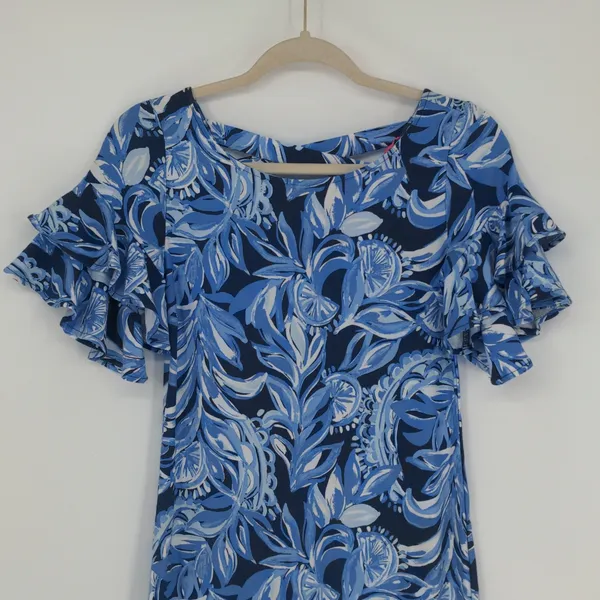 Lilly Pulitzer Blue Floral A-Line Dress XS Pink Border Ruffle Sleeve Rayon Spand - Image 3