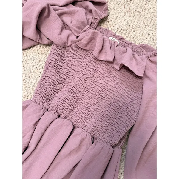 Joyfolie Boho Odette Dress Mauve High Low Maxi Smocked Ruffle Off Shoulder L - Image 7