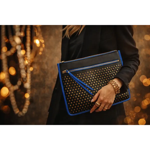 Urban Expressions Black Cobalt Blue Gold Laser Cut‎ Diamond Wristlet Clutch Bag - Image 5