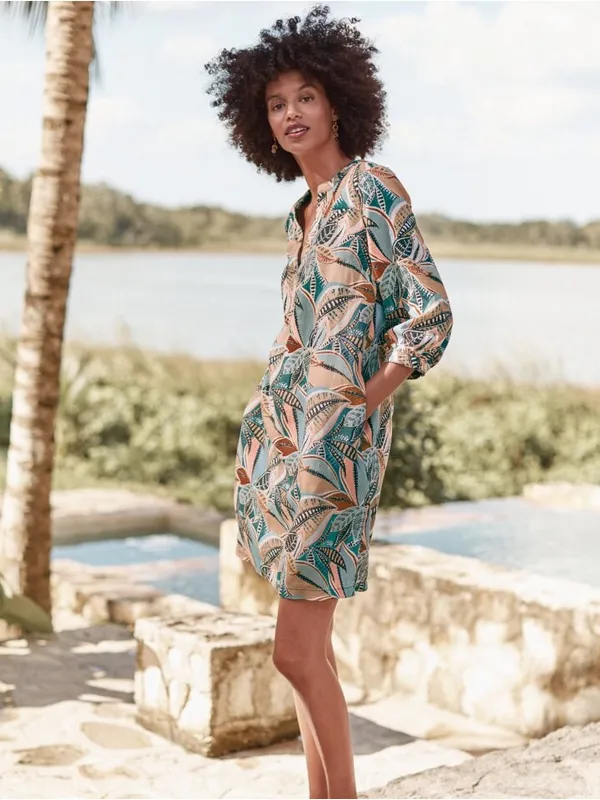 Garnet Hill Women’s Linen Artist Smock Dress Leaf Print Multicolor Summer Relaxe - Image 2