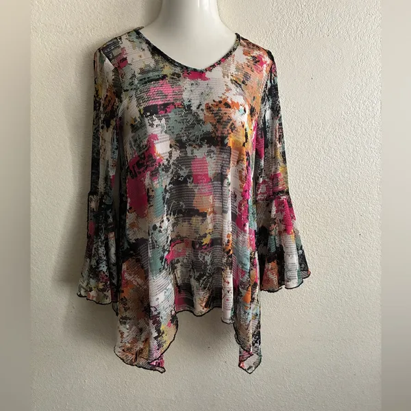 Dor Dor Couture Multicolor Abstract Sheer Mesh Hankerchief Hem Long Bell SleeveM - Image 2