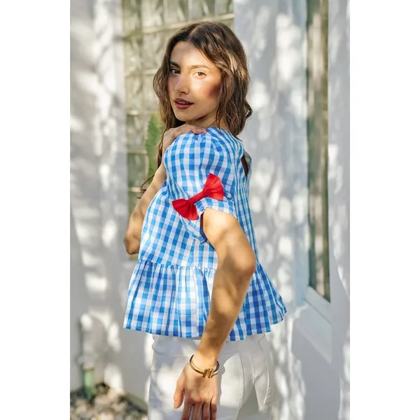 SO‎ ME 4th Of July Gingham Ribbon Detail Short Sleeves Blouse - Large - Image 2